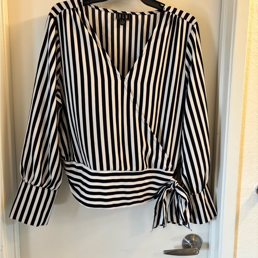 Elegant Black and White Striped Wrap Blouse